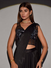 Black Satin Silk Drape Saree