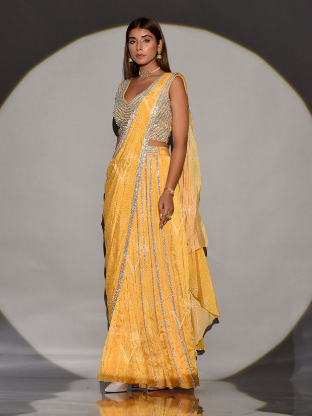 Yellow Satin Silk Drape Saree