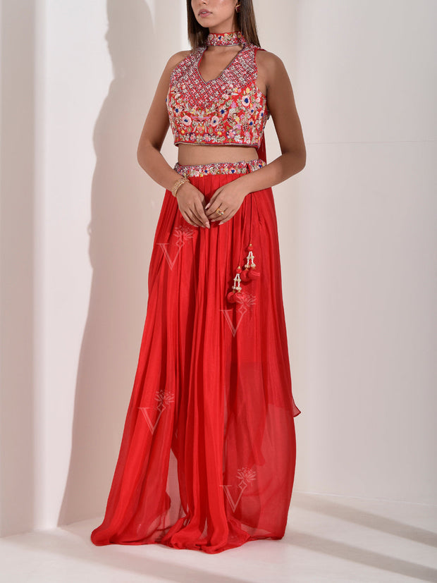 Red Embroidered Crop top and Drape Skirt with Dupatta