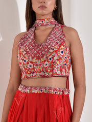 Red Embroidered Crop top and Drape Skirt with Dupatta