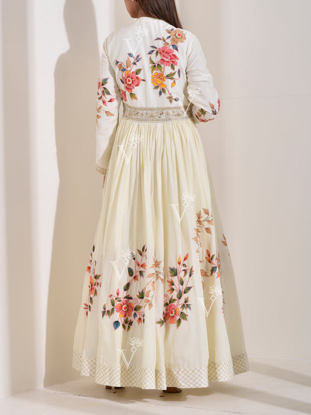Off White Silk Floral Print Anarkali Gown