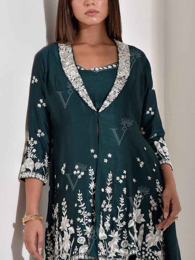 Teal Blue Silk Top and Jacket with Palazzo Set