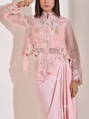 Baby Pink Crop Top with Jacket and Drape Skirt Set