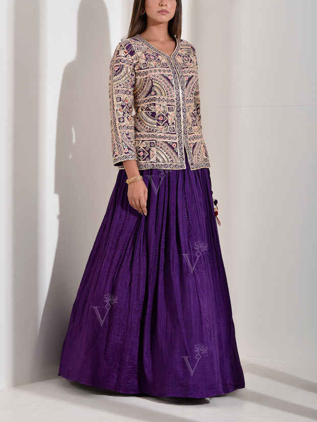 Dark Purple Embroidered Chanderi Jacket and Skirt Set