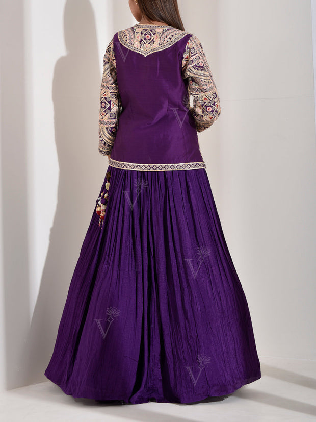 Dark Purple Embroidered Chanderi Jacket and Skirt Set