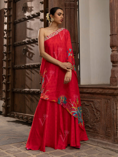 Alluring Red One Shoulder Asyemmetric Top and Sharara