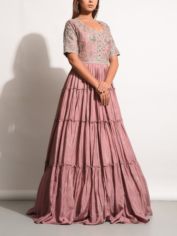 Old Rose Embellished Pleated Gown