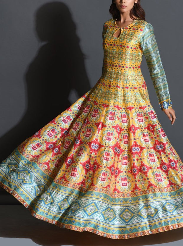 Yellow Patola Handcrafted Anarkali Gown