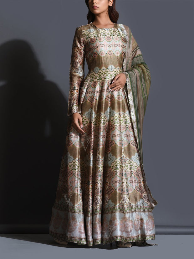 Moss Green Printed Anarkali Gown