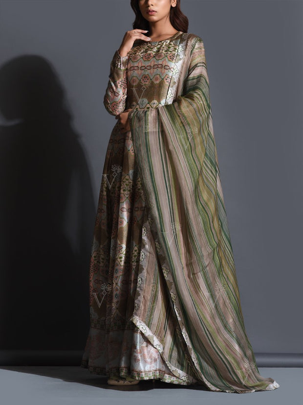 Moss Green Printed Anarkali Gown