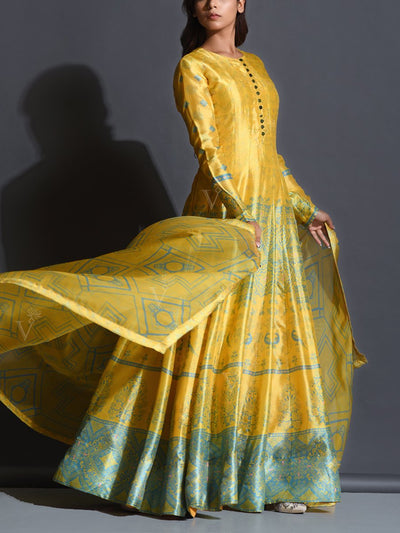 Yellow Silk Printed Anarkali Gown