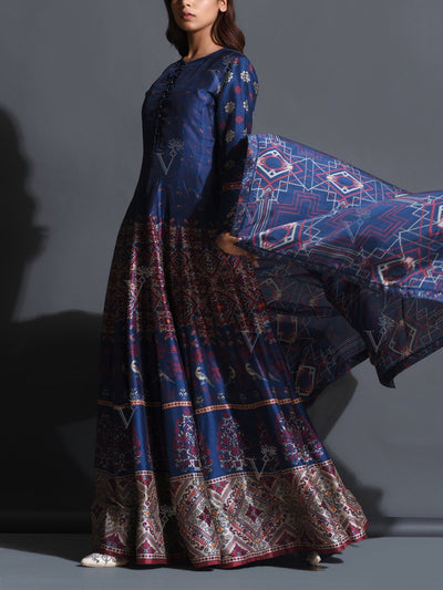 Mid Night Blue Silk Printed Anarkali Gown