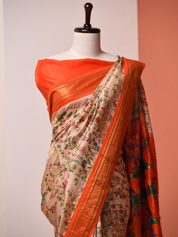Light Peach Printed Silk Saree