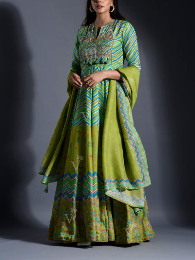 Green Vasansi Silk Leheriya Anarkali gown