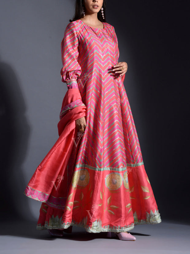 Pink and Peach Vasansi Silk Leheriya Anarkali Gown