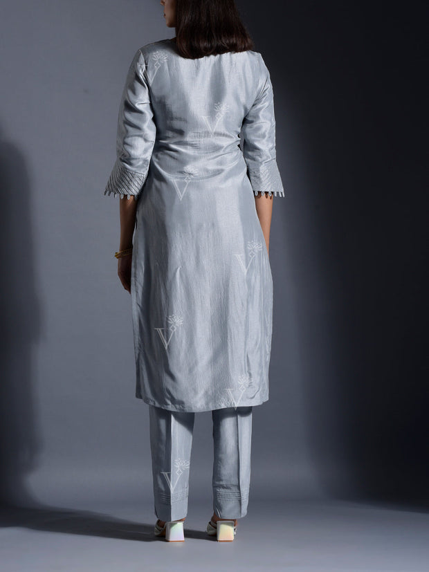Grey Silk Suit Set with Leheriya Dupatta