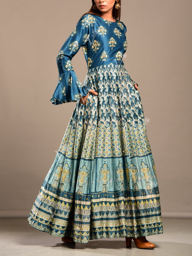 Peacock blue pleated dress with raw silk embroidered yoke – Issa Studio