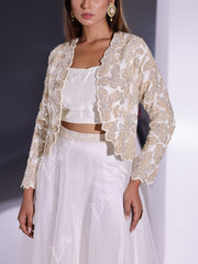 White Organza Top with Jacket and Palazzo Set