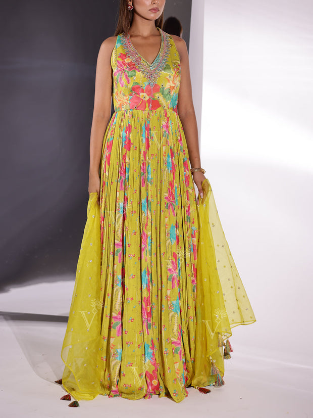 Lime Green Georgette Printed Gown