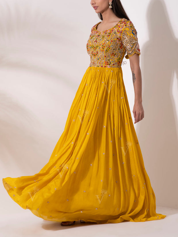 Mustard Yellow Wrinkle Crepe Gown