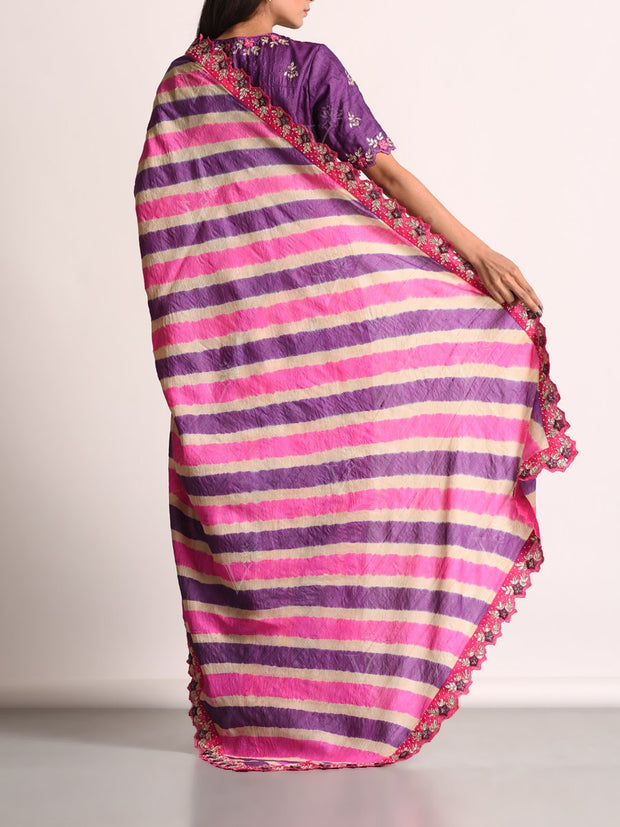 Purple And Pink Embellished Leheriya Tussar Silk Saree
