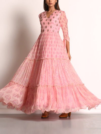Baby Pink Chiffon Printed Anarkali Gown