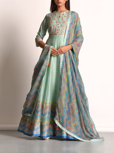 Mint Green Pure Chanderi Handcrafted Anarkali Gown