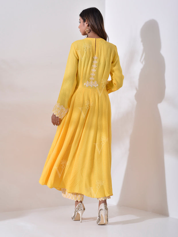 Yellow Rayon Slit Cut Dress