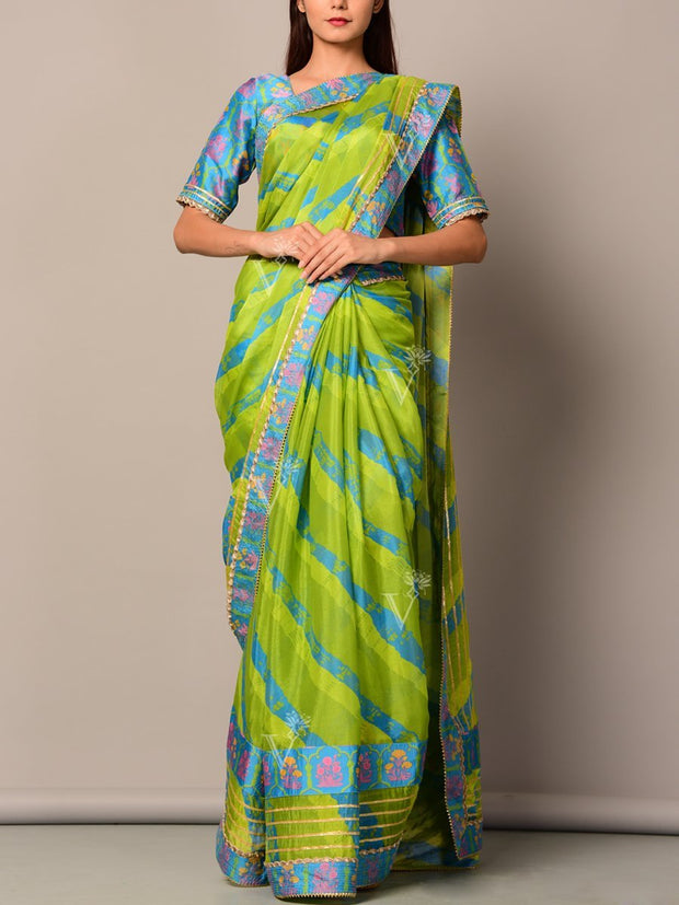 Green And Blue Silk Leheriya Saree