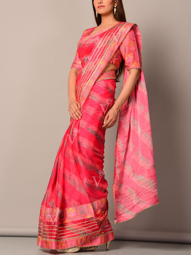 Magenta Pink Silk Leheriya Saree
