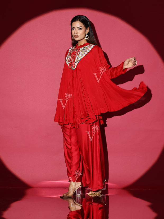 Red Crepe Asymmetric Top and Dhoti Pants Set