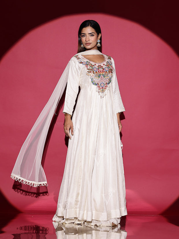 White Embroidered Silk Gown