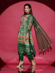 Green Satin Bandhani Silk Suit Set