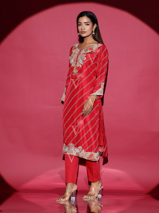 Red Silk Embroidered Suit Set