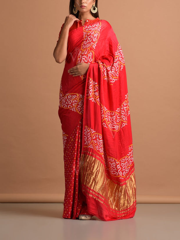 Red Satin Silk Bandhani Zari Saree