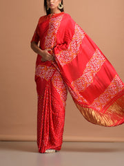 Red Satin Silk Bandhani Zari Saree