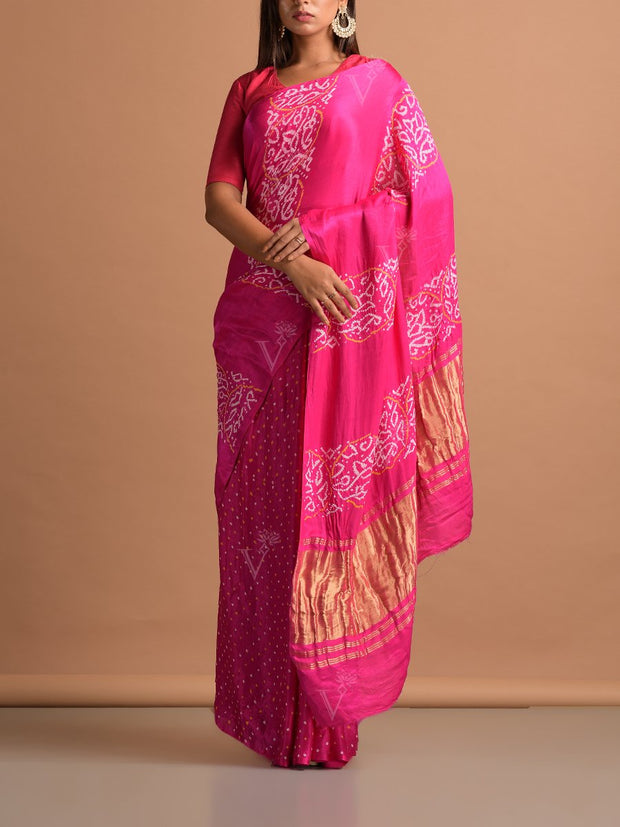 Pink Silk Satin Bandhani Zari Saree