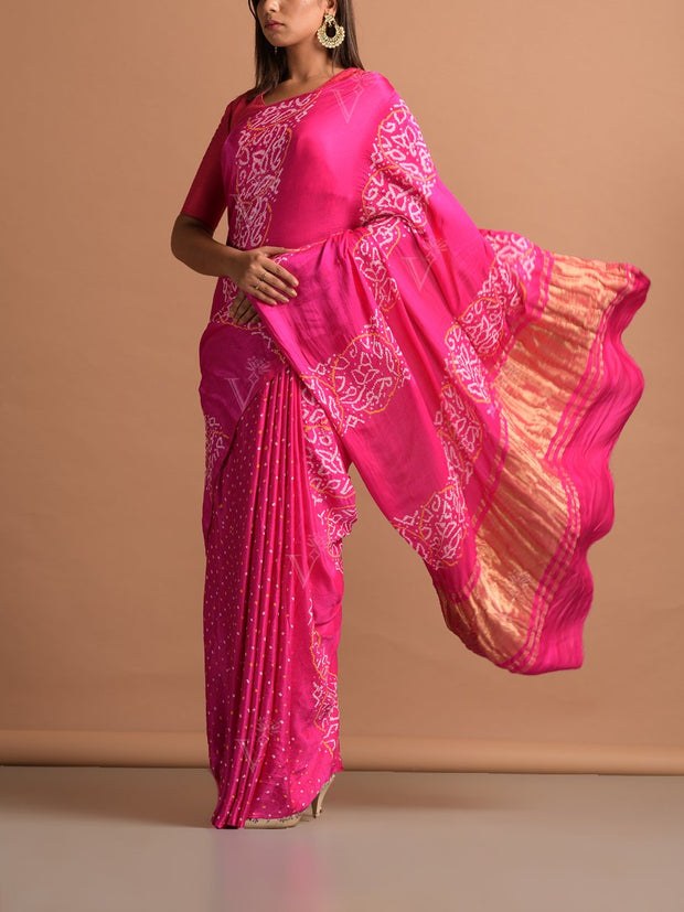 Pink Silk Satin Bandhani Zari Saree