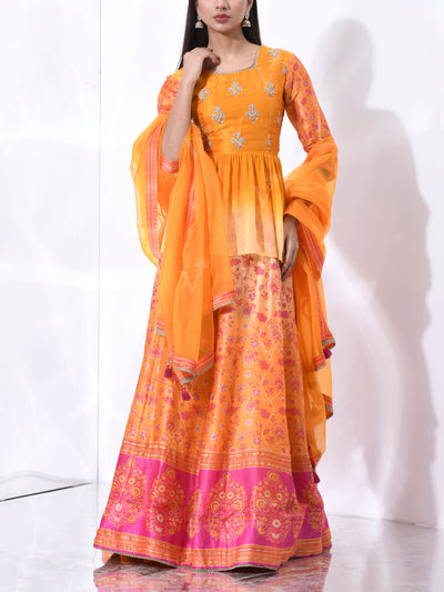Orange and Yellow Vasansi Silk Printed Lehenga Set