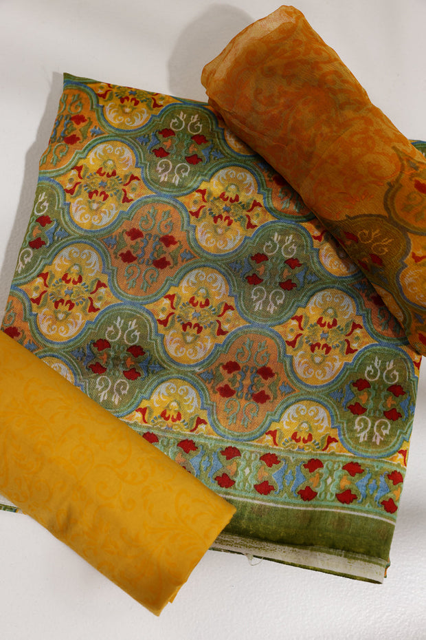 Green and Yellow Chanderi Dress Material