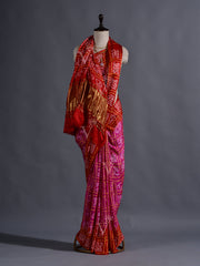 Red and Pink Silk Bandhani  Zari Saree