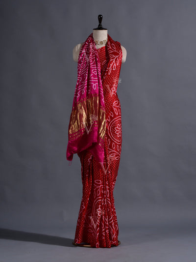 Red and Pink Silk Bandhani Zari Saree