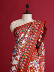 Rust and White Silk Double Ikat Patola Printed Saree