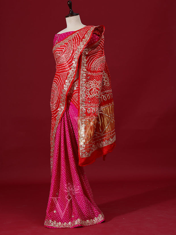 Red And Rani Pure Satin Silk Saree