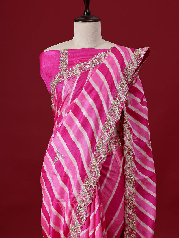 Pink Leheriya Tusser Silk Saree