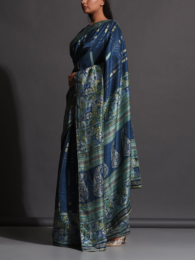 Mid Night Blue Vasansi Silk Printed Saree