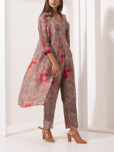 Beige Silk Jacket with bustier Pant Set