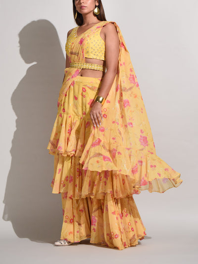 Yellow Floral Georgette Ruffled Saree