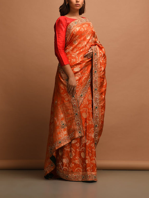 Orange Dola Silk Embellished Saree