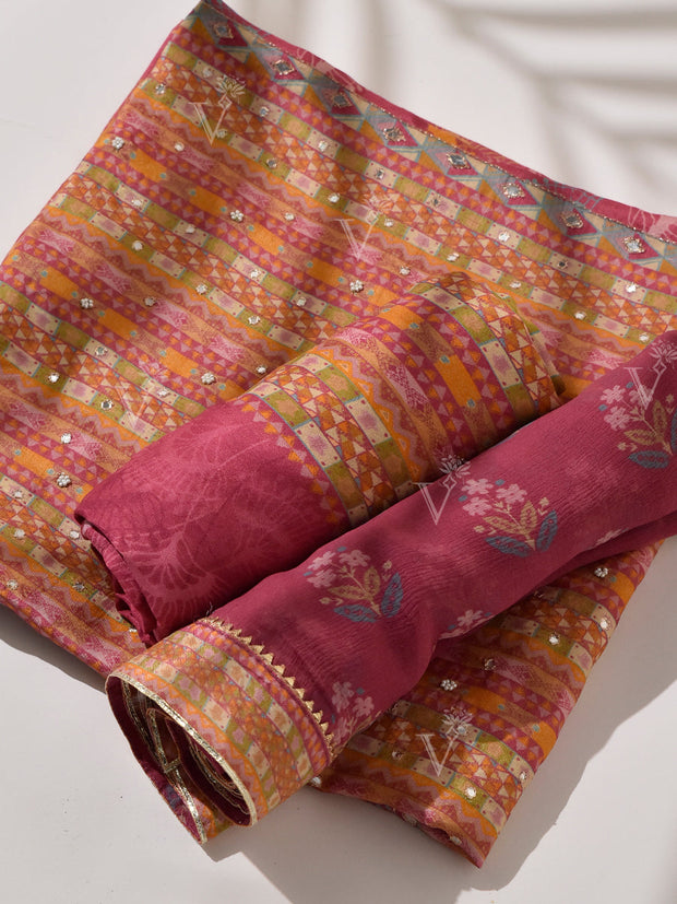 Onion Pink and Mustard Vasansi Silk Dress Material